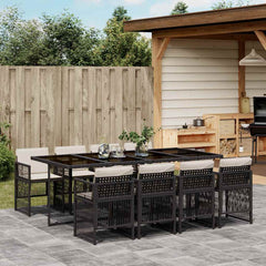 9 Piece Garden Dining Set with Cushions Poly Rattan Glass 8 pcs Black and cream