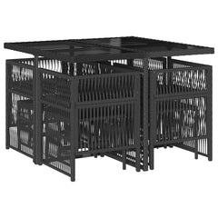 9 Piece Garden Dining Set with Cushions Poly Rattan Glass 8 pcs Black and cream