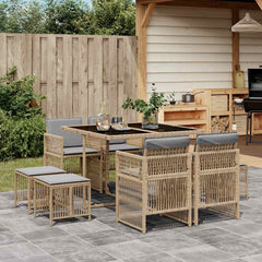 9 Piece Garden Dining Set with Cushions Poly Rattan Glass 8 pcs Mix beige