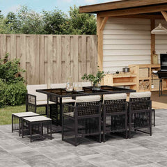 11 Piece Garden Dining Set with Cushions Poly Rattan Glass 10 pcs Black and cream
