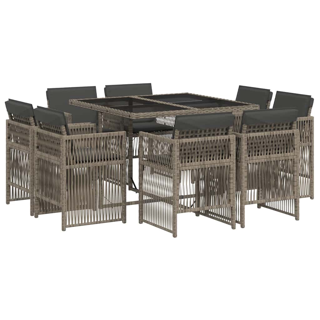 9 Piece Garden Dining Set with Cushions Poly Rattan Glass 8 pcs Grey