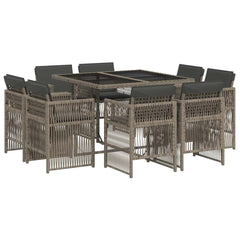 9 Piece Garden Dining Set with Cushions Poly Rattan Glass 8 pcs Grey