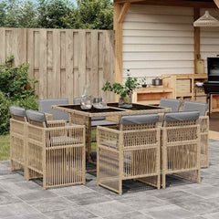 9 Piece Garden Dining Set with Cushions Poly Rattan Glass 8 pcs Mix beige