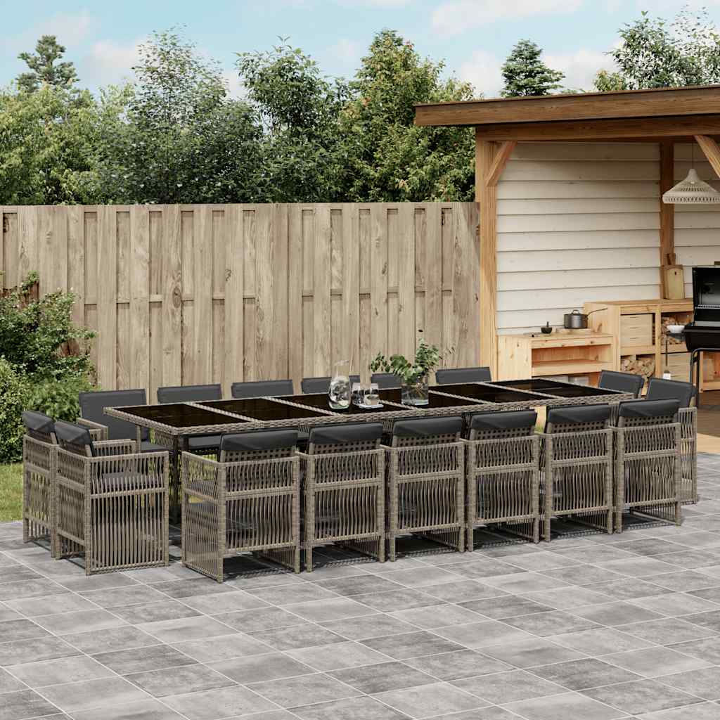 17 Piece Garden Dining Set with Cushions Poly Rattan Glass 16 pcs Grey
