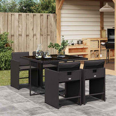 5 Piece Garden Dining Set with Cushions Poly Rattan Glass 4 pcs Black