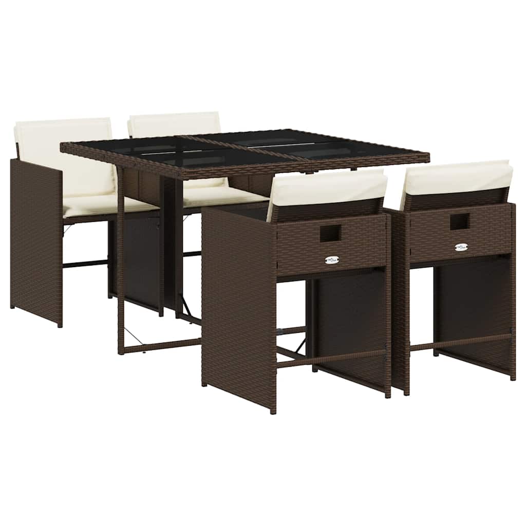 5 Piece Garden Dining Set with Cushions Poly Rattan Glass 4 pcs Brown and cream