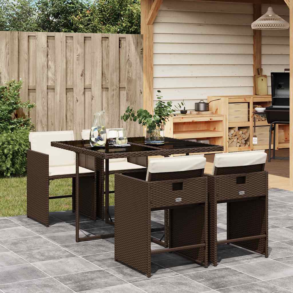 5 Piece Garden Dining Set with Cushions Poly Rattan Glass 4 pcs Brown and cream