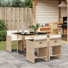 5 Piece Garden Dining Set with Cushions Poly Rattan Glass 4 pcs Beige and cream