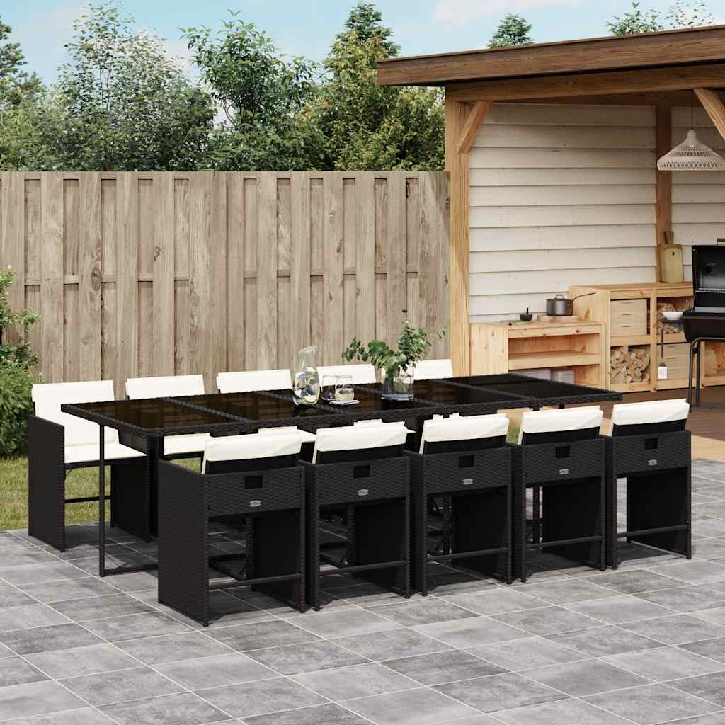 11 Piece Garden Dining Set with Cushions Poly Rattan Glass 10 pcs Black and cream