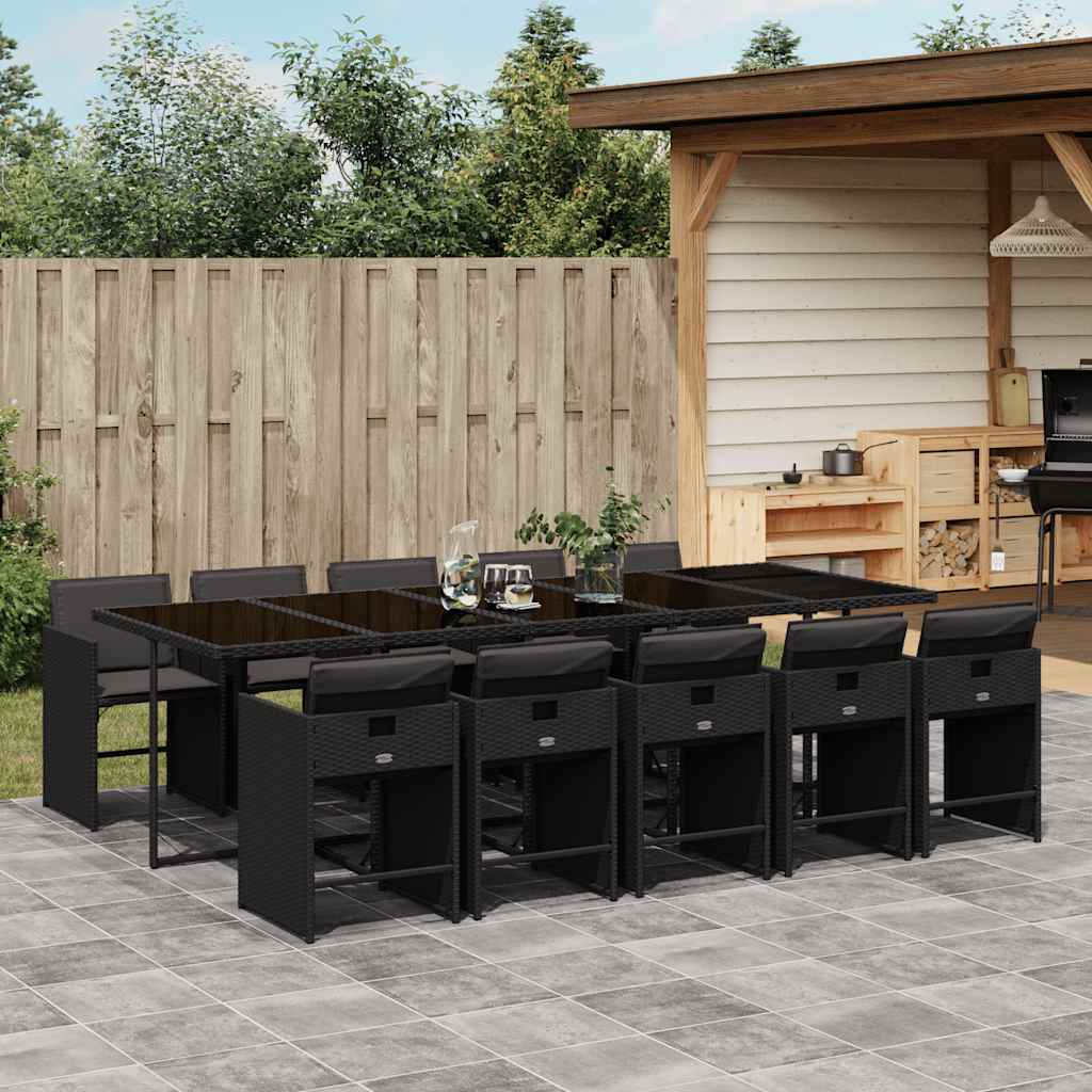 11 Piece Garden Dining Set with Cushions Poly Rattan Glass 10 pcs Black