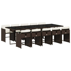 11 Piece Garden Dining Set with Cushions Poly Rattan Glass 10 pcs Brown and cream
