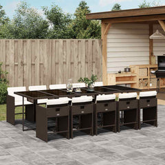 11 Piece Garden Dining Set with Cushions Poly Rattan Glass 10 pcs Brown and cream