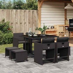 9 Piece Garden Dining Set with Cushions Poly Rattan Glass 8 pcs Black