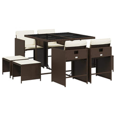 9 Piece Garden Dining Set with Cushions Poly Rattan Glass 8 pcs Brown