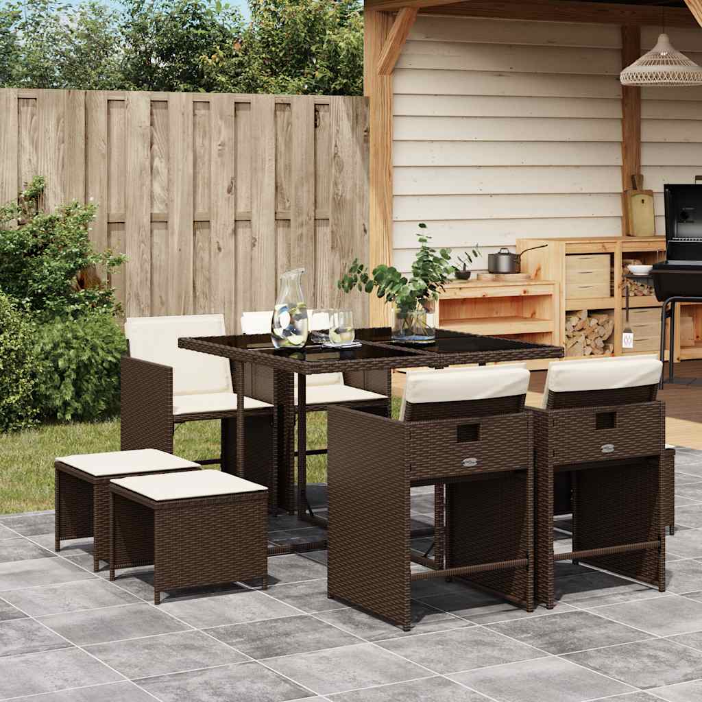 9 Piece Garden Dining Set with Cushions Poly Rattan Glass 8 pcs Brown