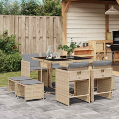 9 Piece Garden Dining Set with Cushions Poly Rattan Glass 8 pcs Mix beige