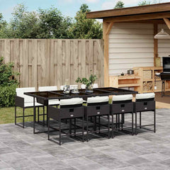 9 Piece Garden Dining Set with Cushions Poly Rattan Glass 8 pcs Black and cream