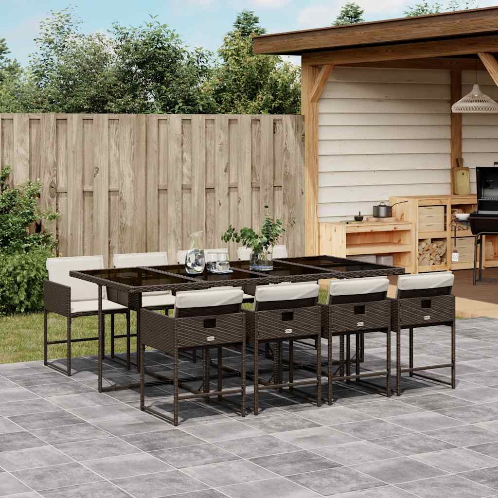 9 Piece Garden Dining Set with Cushions Poly Rattan Glass 8 pcs Brown