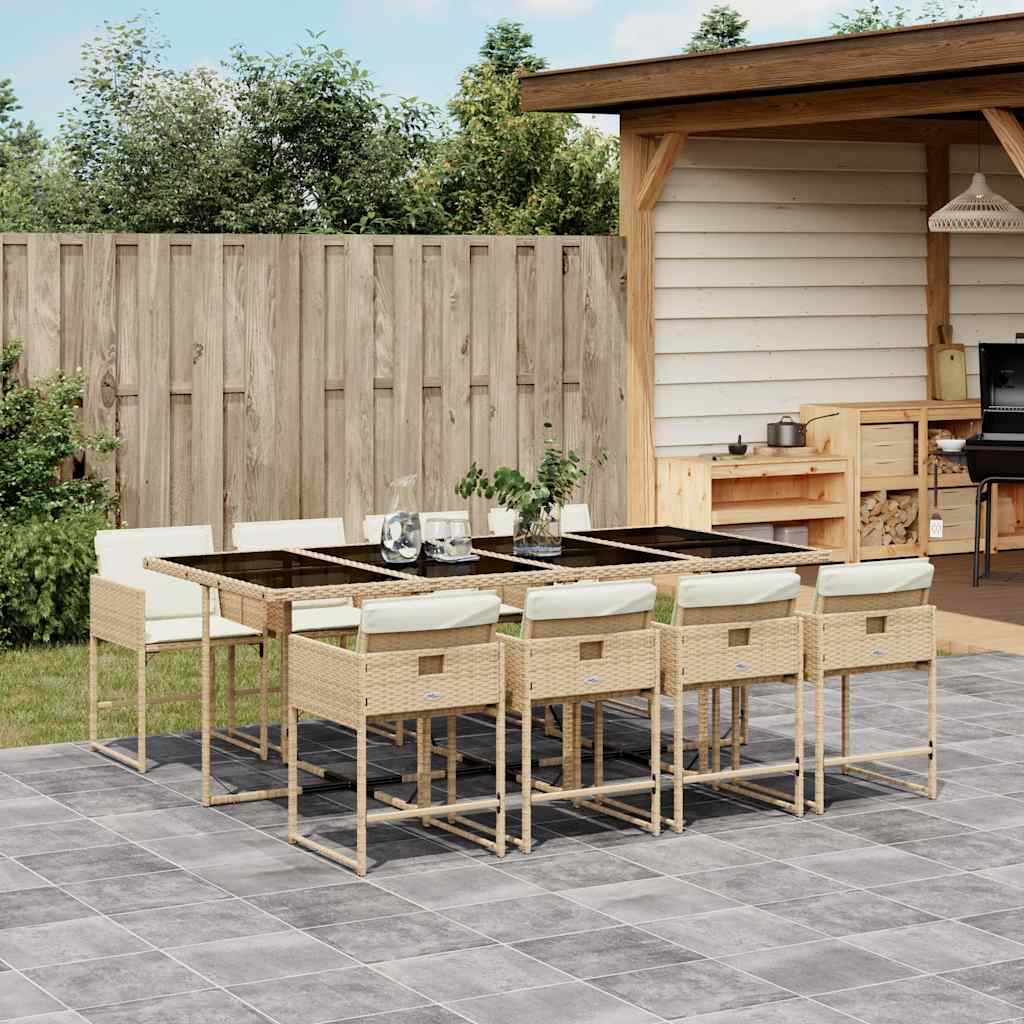 9 Piece Garden Dining Set with Cushions Poly Rattan Glass 8 pcs Beige