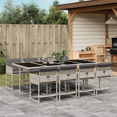 9 Piece Garden Dining Set with Cushions Poly Rattan Glass 8 pcs Light grey
