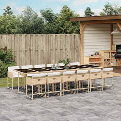 13 Piece Garden Dining Set with Cushions Poly Rattan Glass 12 pcs Beige