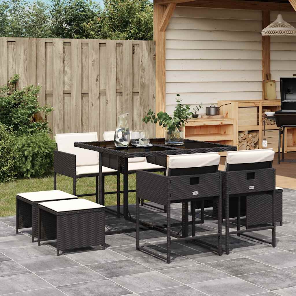 9 Piece Garden Dining Set with Cushions Poly Rattan Glass 8 pcs Black and cream