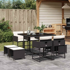 9 Piece Garden Dining Set with Cushions Poly Rattan Glass 8 pcs Black and cream