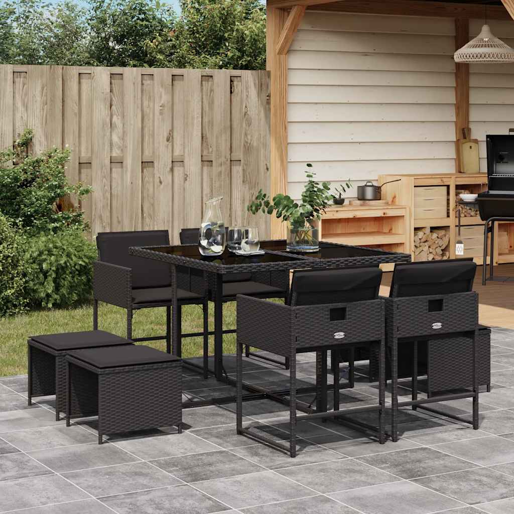 9 Piece Garden Dining Set with Cushions Poly Rattan Glass 8 pcs Black