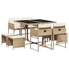 9 Piece Garden Dining Set with Cushions Poly Rattan Glass 8 pcs Beige