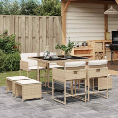 9 Piece Garden Dining Set with Cushions Poly Rattan Glass 8 pcs Beige