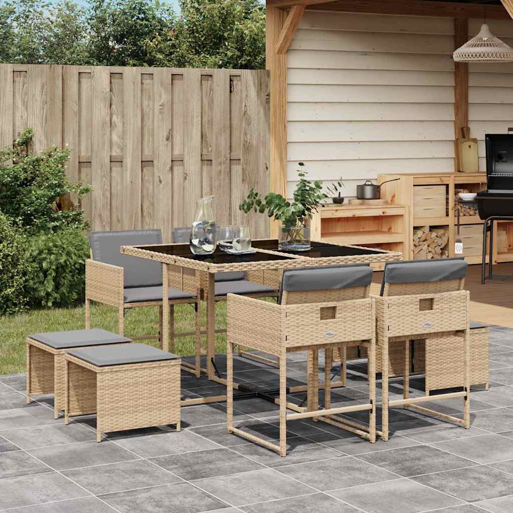 9 Piece Garden Dining Set with Cushions Poly Rattan Glass 8 pcs Mix beige