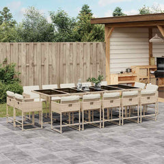 15 Piece Garden Dining Set with Cushions Poly Rattan Glass 14 pcs Beige