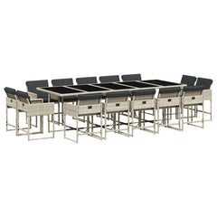 15 Piece Garden Dining Set with Cushions Poly Rattan Glass 14 pcs Light grey