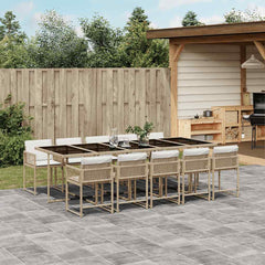 11 Piece Garden Dining Set with Cushions Poly Rattan Glass 10 pcs Beige and cream