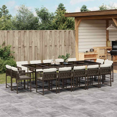 15 Piece Garden Dining Set with Cushions Poly Rattan Glass 14 pcs Brown