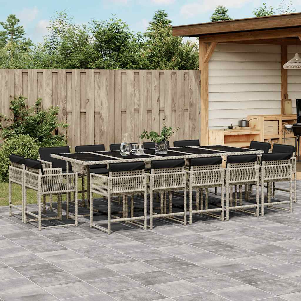 15 Piece Garden Dining Set with Cushions Poly Rattan Glass 14 pcs Light grey