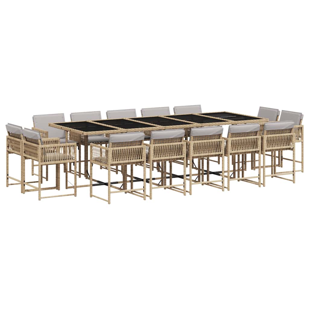15 Piece Garden Dining Set with Cushions Poly Rattan Glass 14 pcs Mix beige