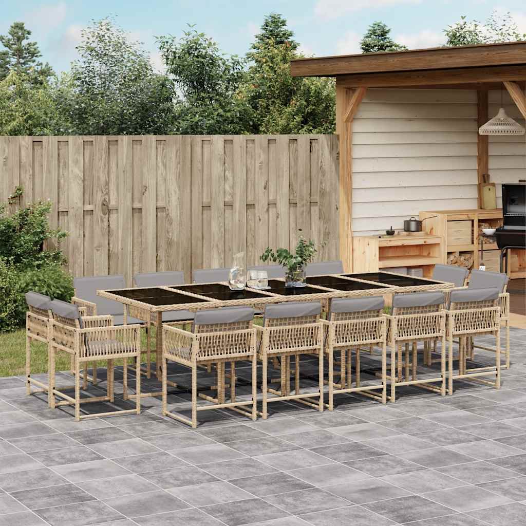 15 Piece Garden Dining Set with Cushions Poly Rattan Glass 14 pcs Mix beige