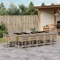 15 Piece Garden Dining Set with Cushions Poly Rattan Glass 14 pcs Mix beige