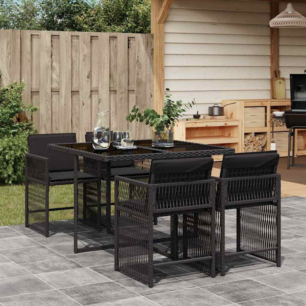 5 Piece Garden Dining Set with Cushions Poly Rattan 4 pcs Black