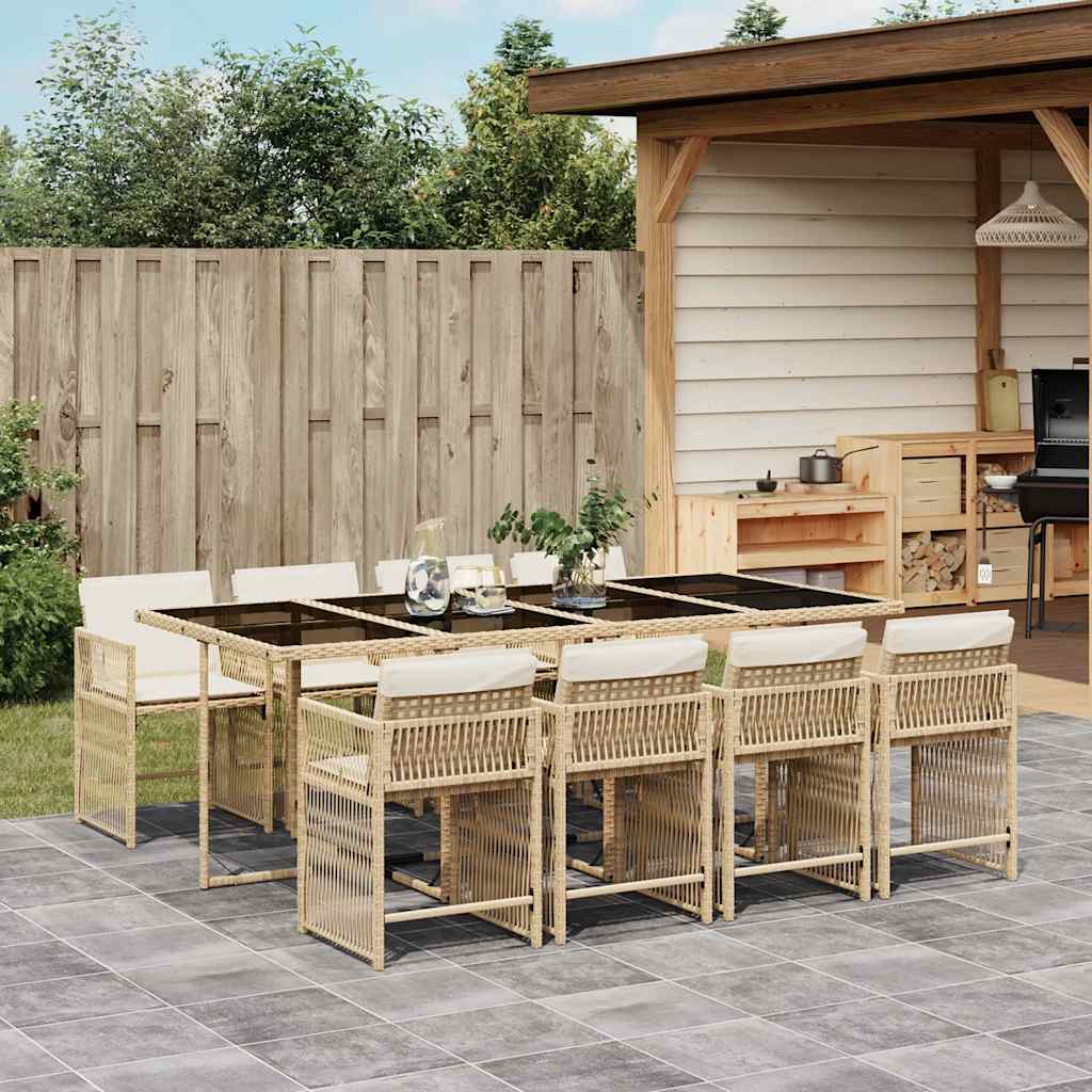 9 Piece Garden Dining Set with Cushions Poly Rattan 8 pcs Beige