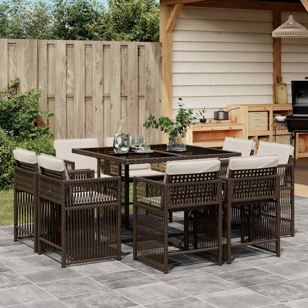 9 Piece Garden Dining Set with Cushions Poly Rattan 8 pcs Brown