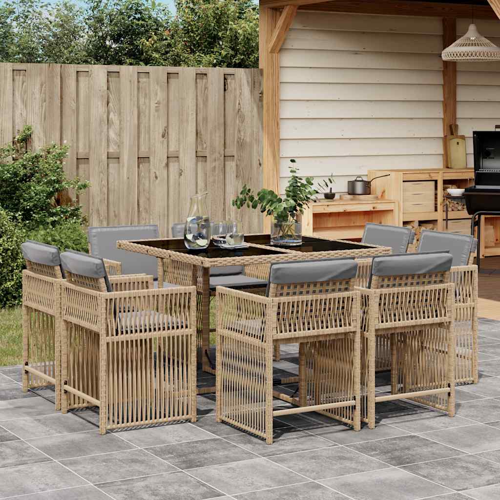 9 Piece Garden Dining Set with Cushions Poly Rattan 8 pcs Mix beige