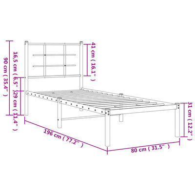 Metal Bed Frame with Headboard Black 75x190 cm Small Single