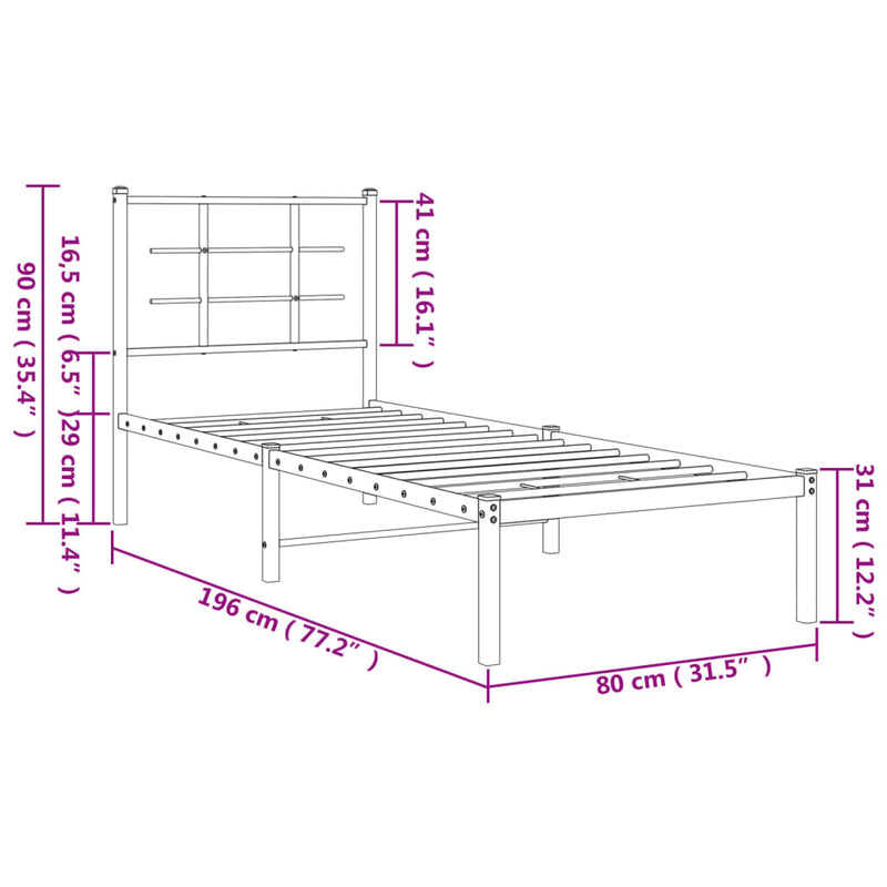 Metal Bed Frame with Headboard Black 75x190 cm Small Single