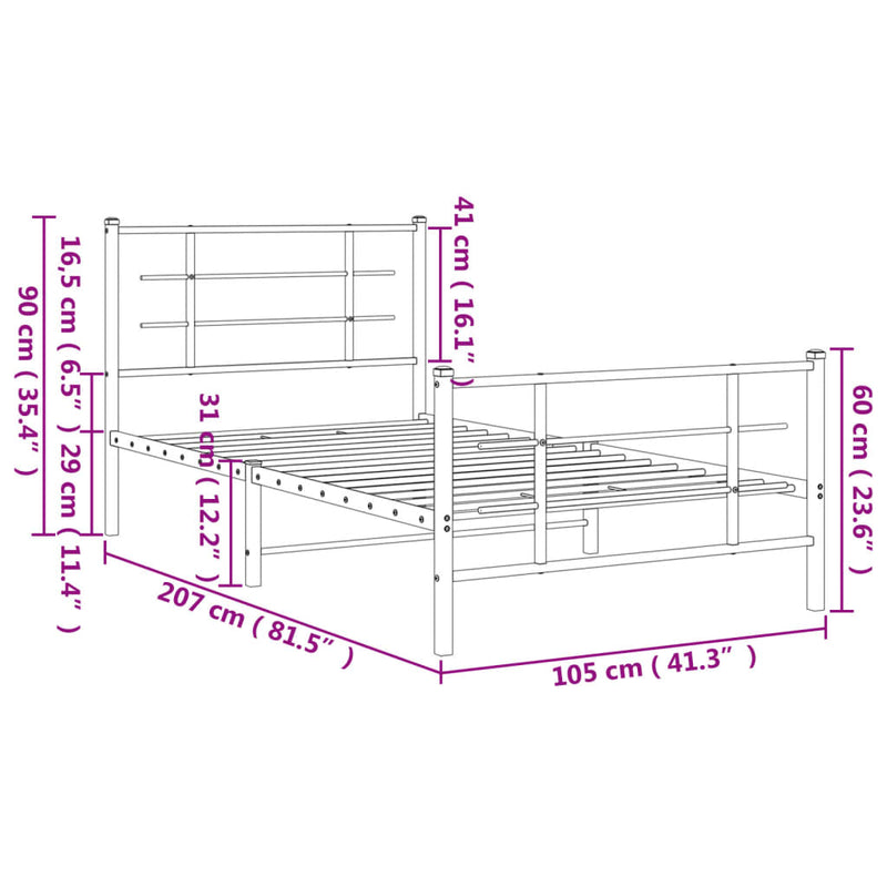 Metal Bed Frame with Headboard and Footboard White 100x200 cm