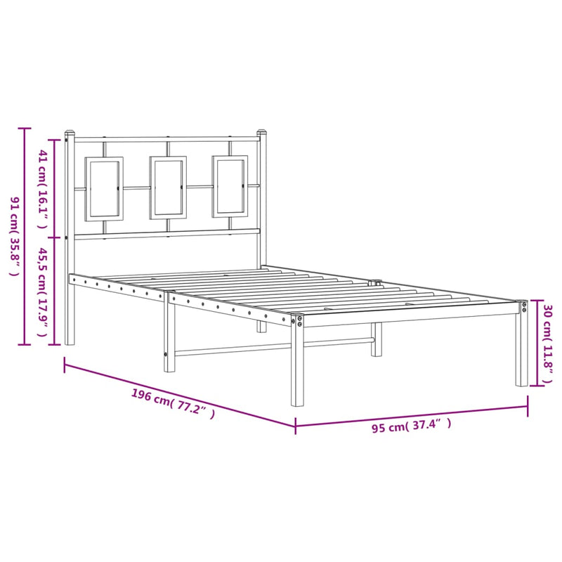 Metal Bed Frame with Headboard Black 90x190 cm Single