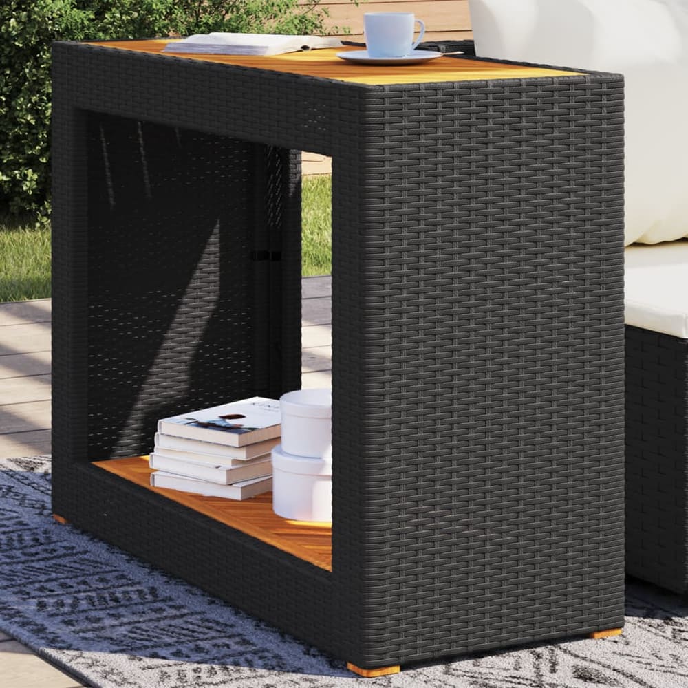 Garden Side Table with Wooden Top Poly Rattan Black