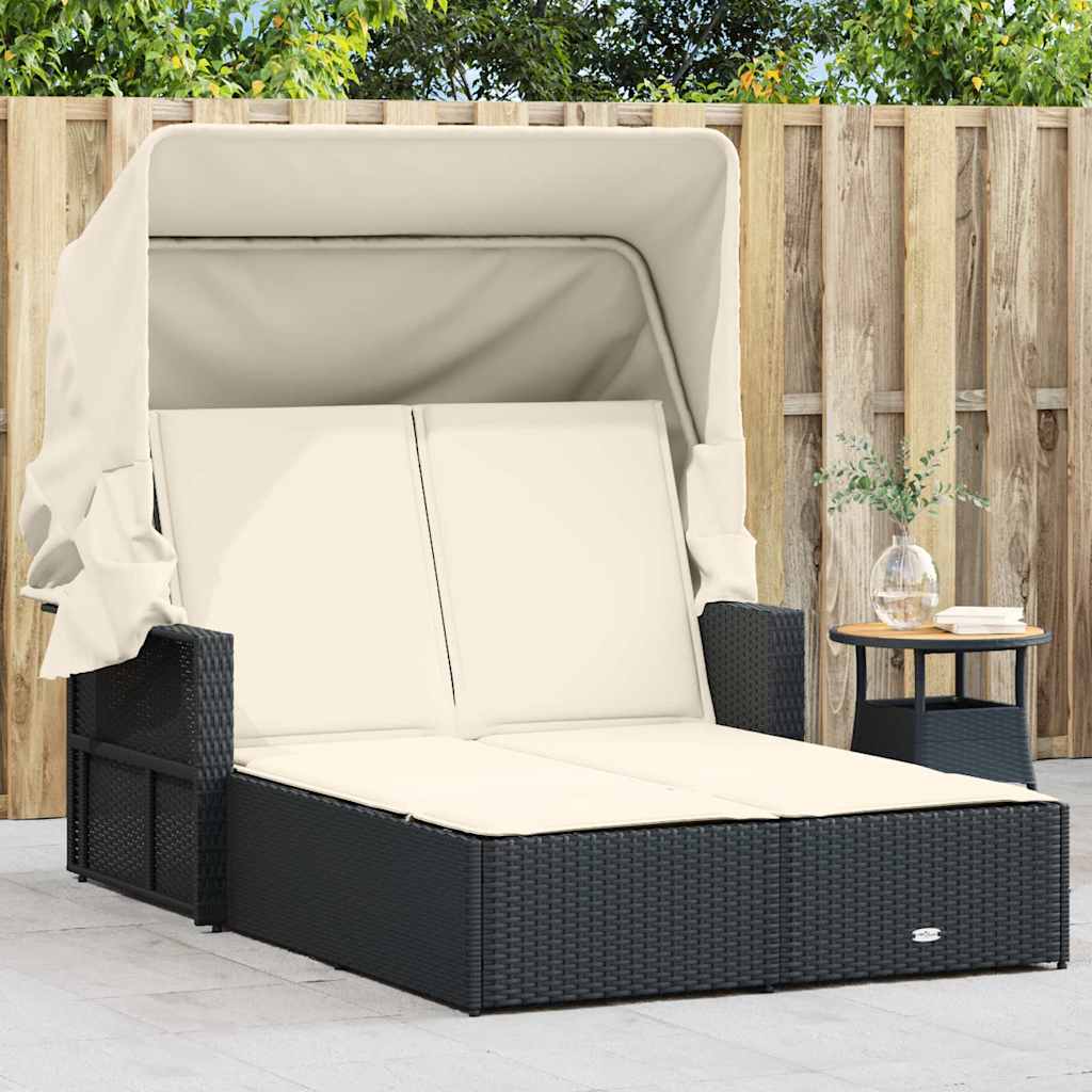 Double Sun Lounger with Canopy and Cushions Poly Rattan Black and cream