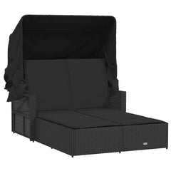 Double Sun Lounger with Canopy and Cushions Poly Rattan Black